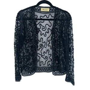 Women's Manan Black Sheer Embroidered Beaded Evening Open Front Size M?